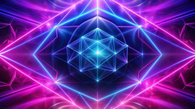 An abstract image with bright blue and pink rays forming a geometric pattern