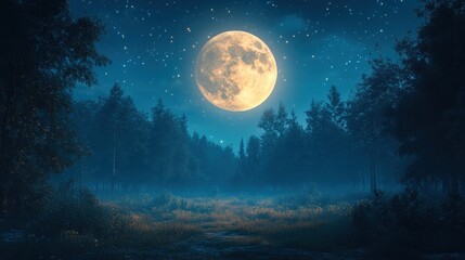 Naklejka premium Full moon, starry night, misty forest clearing.