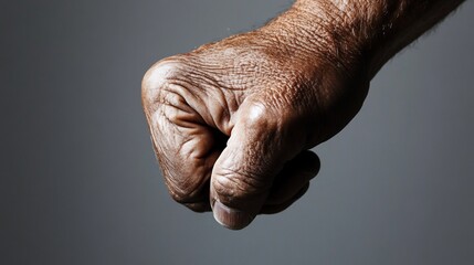 A close-up of a clenched fist against a neutral background.
