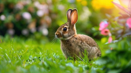 Cute Brown Rabbit Sitting on Green Grass in Colorful Garden Scene