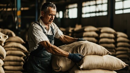 Worker Lifting Heavy Burlap Sacks in Coffee Processing Warehouse
