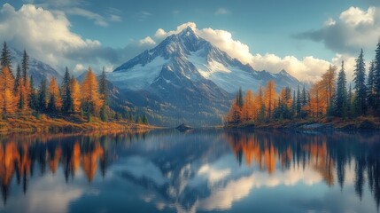 Fototapeta premium Serene mountain lake reflecting autumn colors.
