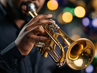 Obraz premium A close-up of a jazz musician's hands playing a golden trumpet, with blurred colorful bokeh lights in the background creating a vibrant and artistic atmosphere