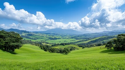 Fototapeta premium Lush green rolling hills and mountains under a vibrant blue sky with fluffy white clouds.
