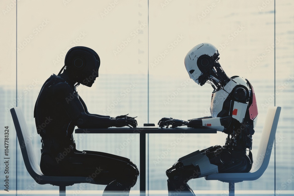 Poster collaboration between human and robot in a modern workspace on a shared project. generative ai