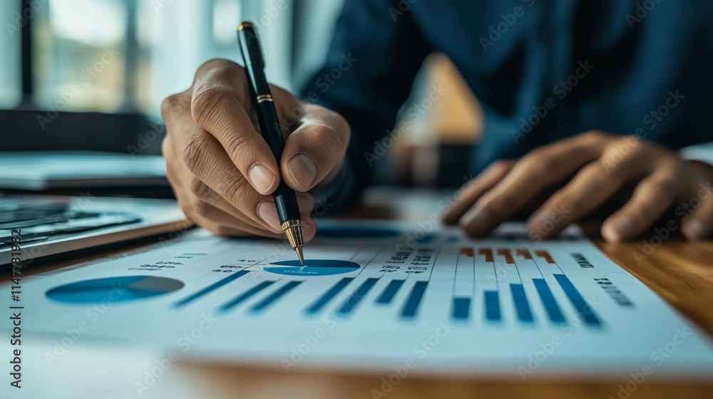 Poster a focused individual examines financial graphs, meticulously analyzing market trends and growth patt