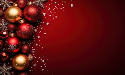 Festive Christmas ornaments on red background