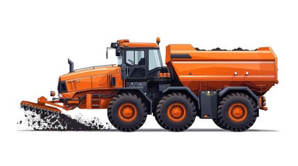 Powerful Orange Dump Truck for Hauling Materials and Cargo at a Large Construction Site with Dirt Gravel and Excavation Equipment