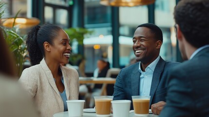 In a vibrant cafe filled with greenery, cheerful business professionals laugh and share ideas while sipping coffee. Their engaging interaction reflects a positive work atmosphere