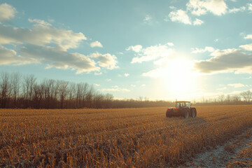 Fototapeta premium A tractor works in a sunlit field, showcasing agricultural activity in a serene landscape.