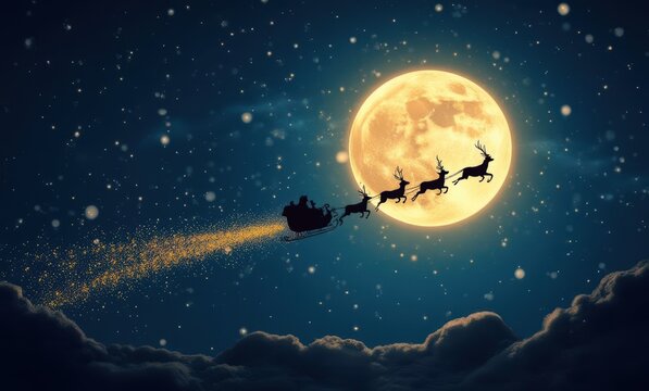 Santa's sleigh flying under the moonlight