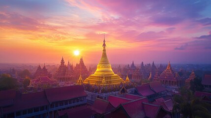 A vibrant sunset casting warm colors over a golden stupa and surrounding temple structures.