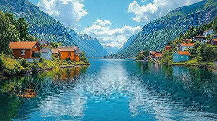 Fototapeta premium Scenic fjord village with colorful houses, reflecting in calm water, surrounded by lush green mountains under a bright summer sky.