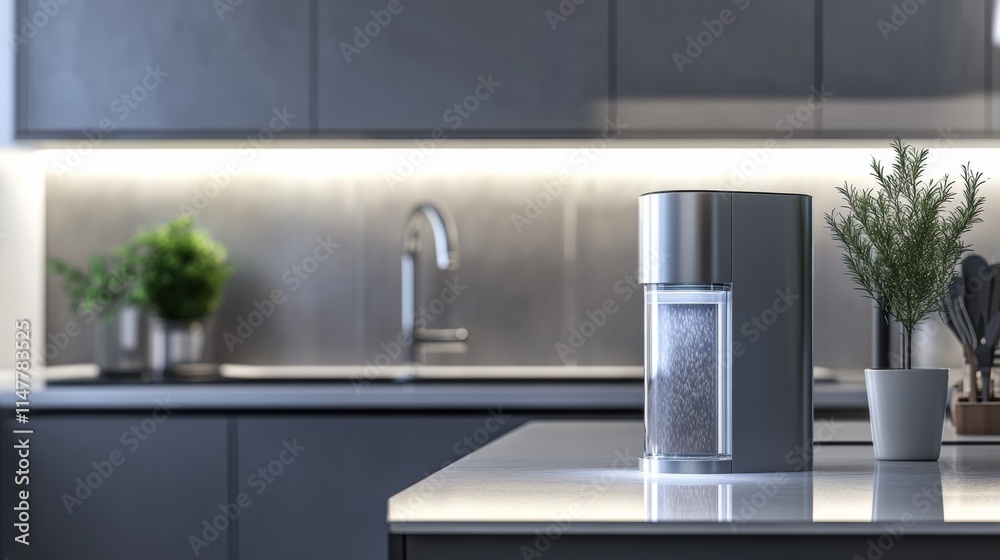 Poster modern kitchen features sleek water filter on counter with stylish decor and ambient lighting. gener