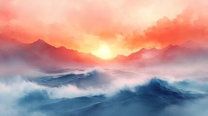 Fototapeta premium Sunset, mountains, ocean waves, hazy, serene.