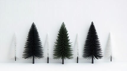 Fototapeta premium 3D render of simple textured black, white, and green pine trees on a light background