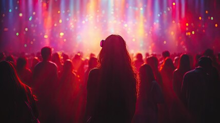 Silhouette of woman in a crowd at a vibrant concert or festival, bathed in colorful stage lights.