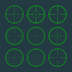 Various sniper rifle sights with degree scale, weapon optical scope crosshair. Hunting gun viewfinder. Shooting mark symbol, aim. Military target sign. Game interface UI element. Vector illustration