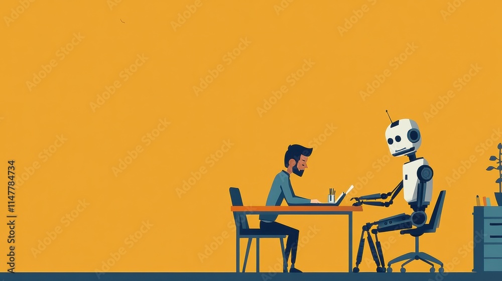 Fototapete human and robot collaborate on a tech project at a desk in a bright workspace during daytime. genera