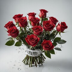 A romantic bouquet of red roses with dewdrops on the petals, tied together and placed on a white background.