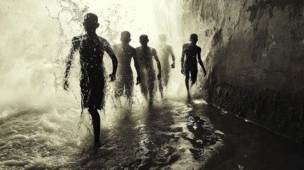 Fototapeta premium Silhouetted children run from a waterfall.