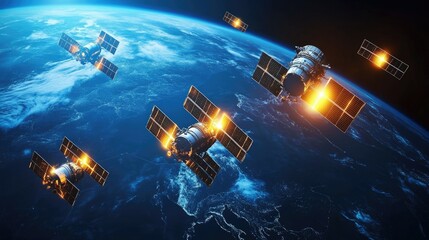 Multiple glowing satellites forming a digital grid around Earth, symbolizing universal communication.