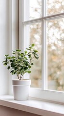 Fototapeta premium A photograph of white windows with a potted plant on the window sill