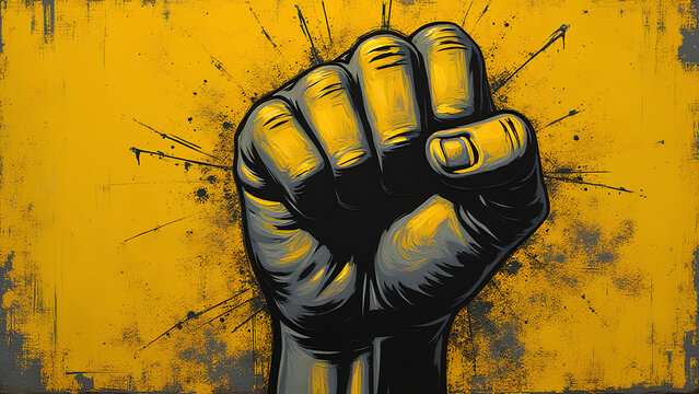 A Stencil Art Revolution depiction of a defiant fist Utilize gritty textures with electric yellow and charcoal gray