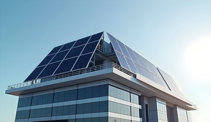 Fototapeta premium A modern building with a rooftop covered in solar panels.