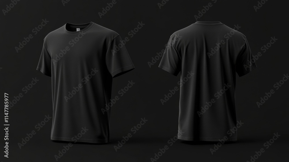 Aufkleber mockup design template for black t shirt showcasing front and back views against a solid dark backgr