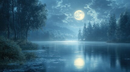 Moonlit lake, serene forest, night scene.