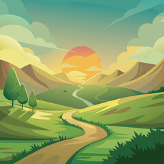 Obraz premium Mountainous landscape with winding road and sunset