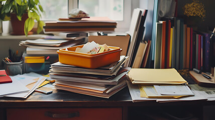 Cluttered workspace action home office photography indoor environment close-up view productivity concept