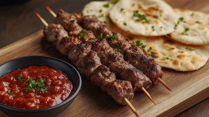 Grillowane szaszłyki mięsne z podpłomykami i czerwonym sosem, podane na drewnianym stole.