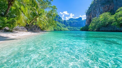 Secluded tropical beach with crystal-clear turquoise water, white sand, lush palm trees, and dramatic limestone cliffs under a sunny sky.