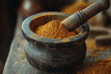 grinding Cumin spice powder in antique stone mortar