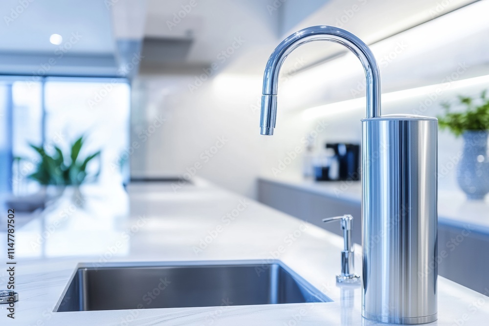 Poster Modern kitchen features sleek design and efficient water filter system for ultimate convenience. Generative AI