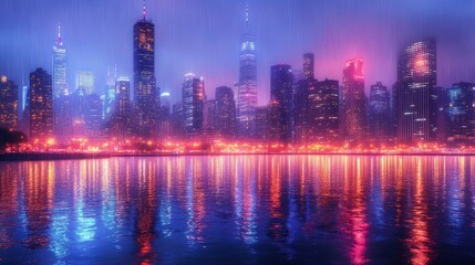 Obraz premium Rainy city skyline, neon lights reflected in water.