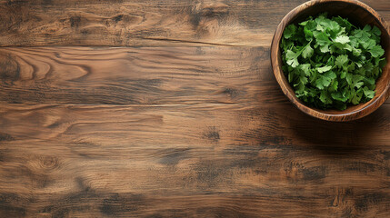 Kompozycja z kolendrą w misce na tle drewnianego blatu, widziana z góry, z dużą przestrzenią na treści promocyjne.