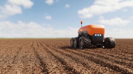 Obraz premium Labor shortage replacement concept. A modern orange tractor is working on freshly plowed soil under a bright sky, highlighting advancements in agricultural technology.