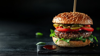 Sushi burger w stylu azjatyckim z dodatkiem sosu sojowego i pałeczek, estetycznie ułożony na ciemnym tle.