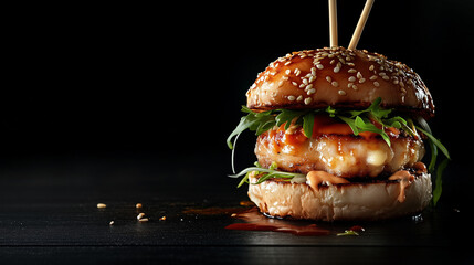 Sushi burger w stylu azjatyckim z dodatkiem sosu sojowego i pałeczek, estetycznie ułożony na ciemnym tle.