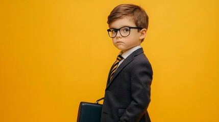 A young boy in a suit and glasses holds a briefcase against a yellow background.