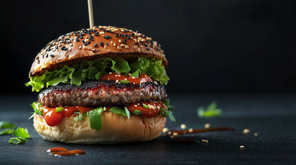Sushi burger w stylu azjatyckim z dodatkiem sosu sojowego i pałeczek, estetycznie ułożony na ciemnym tle.