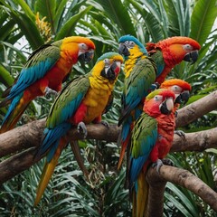 Obraz premium A group of parrots in vibrant colors perched on a tropical tree.