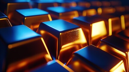 Obraz premium Shiny Gold Bullion Bars on Blue Background with a Gold Finish