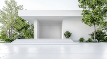 Modern white house with stairs and lush greenery.