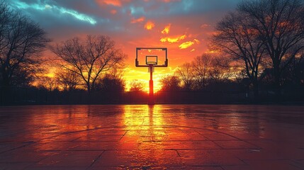 Sunset over outdoor basketball court, silhouette of hoop reflected in wet pavement.