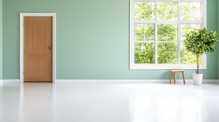 Fototapeta premium Empty room with light green walls, wooden door, large window, plant, and stool.