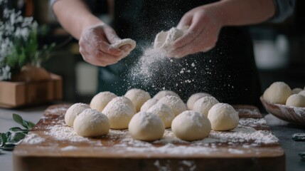 Preparing Fresh Dough Balls with Flour in Rustic Kitchen Setting